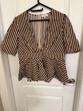 Brooks Black & Tan Striped V-Neck Peplum Top